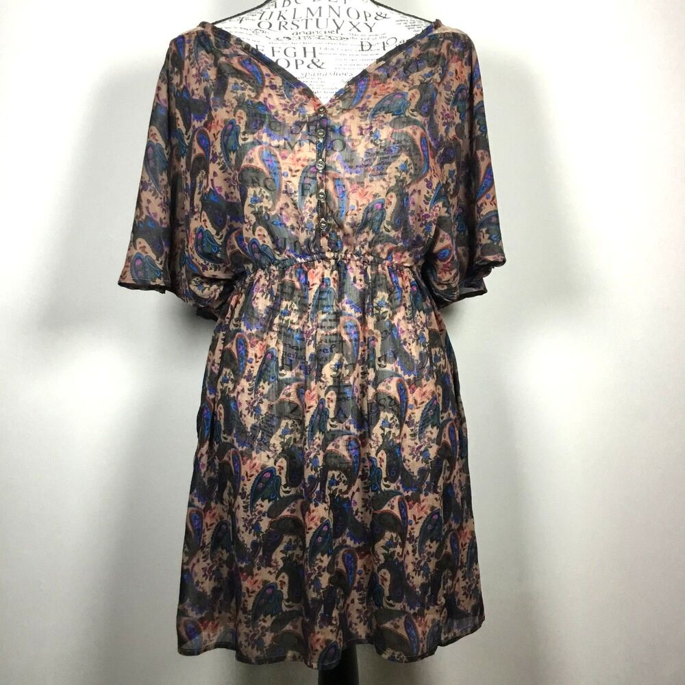 Sheer tunic dress coverup paisley pattern elastic waist ruffle sleeve lace L